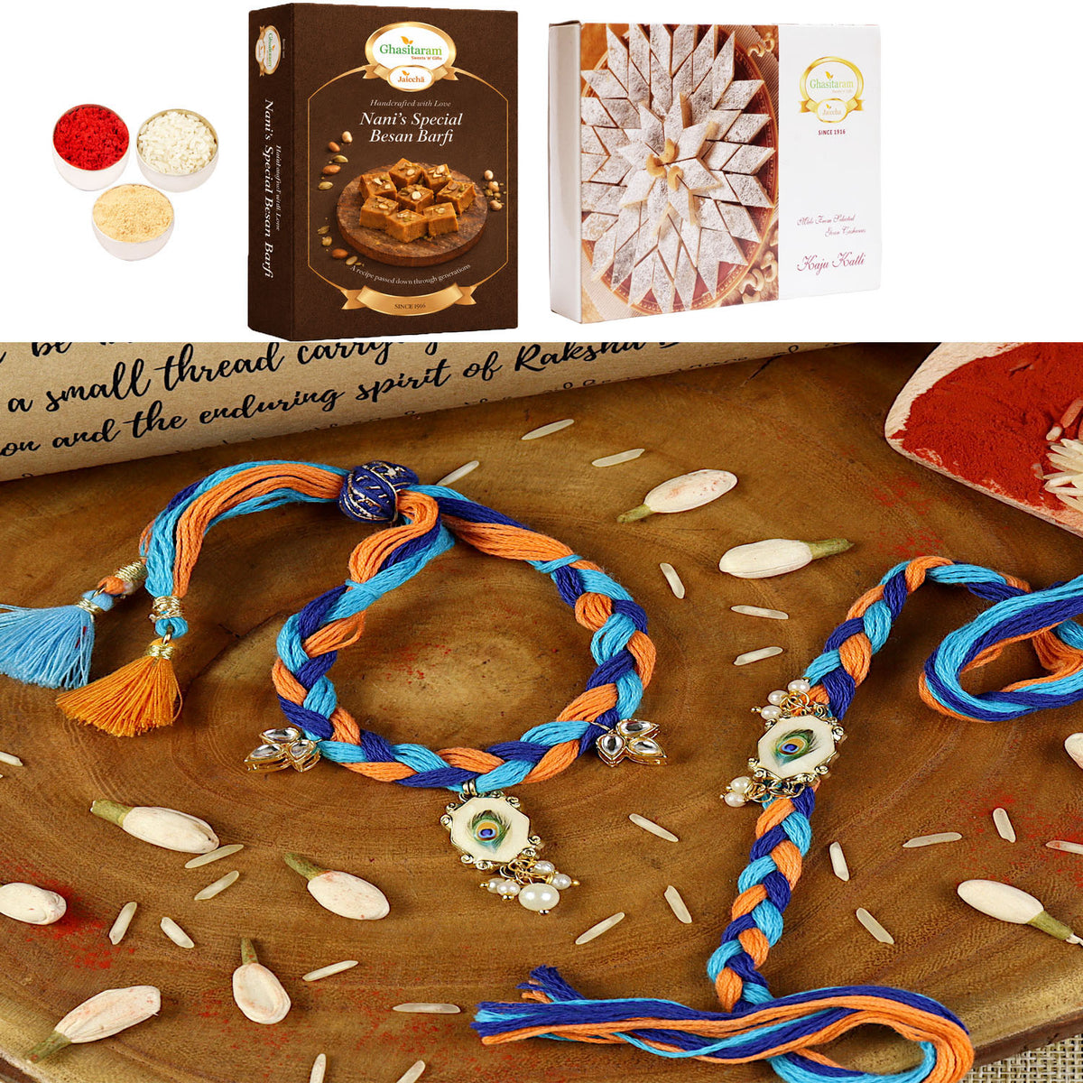 Handwoven peacock feather bracelet Bhaiya Bhabhi rakhi- 032  with 200 gms of Besan Barfi and 200 gms of Kaju Katli