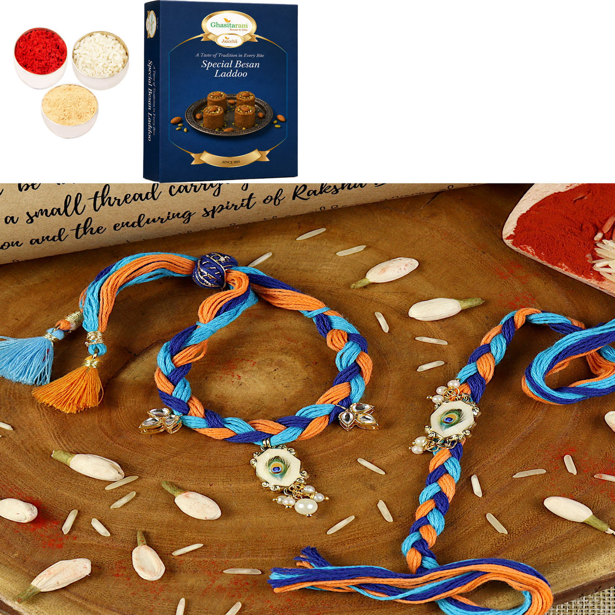 Handwoven peacock feather bracelet Bhaiya Bhabhi rakhi- 032  with 200 gms of Besan Laddoo