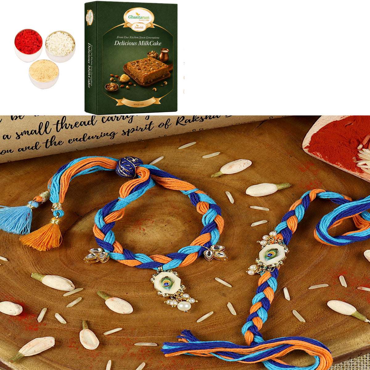 Handwoven peacock feather bracelet Bhaiya Bhabhi rakhi- 032  with 200 gms of Milk Cake