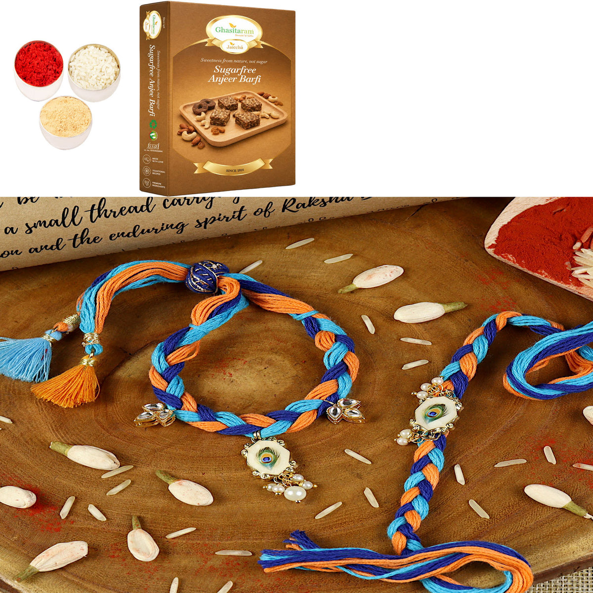 Handwoven peacock feather bracelet Bhaiya Bhabhi rakhi- 032  with 200 gms of Sugarfree Anjeer Barfi
