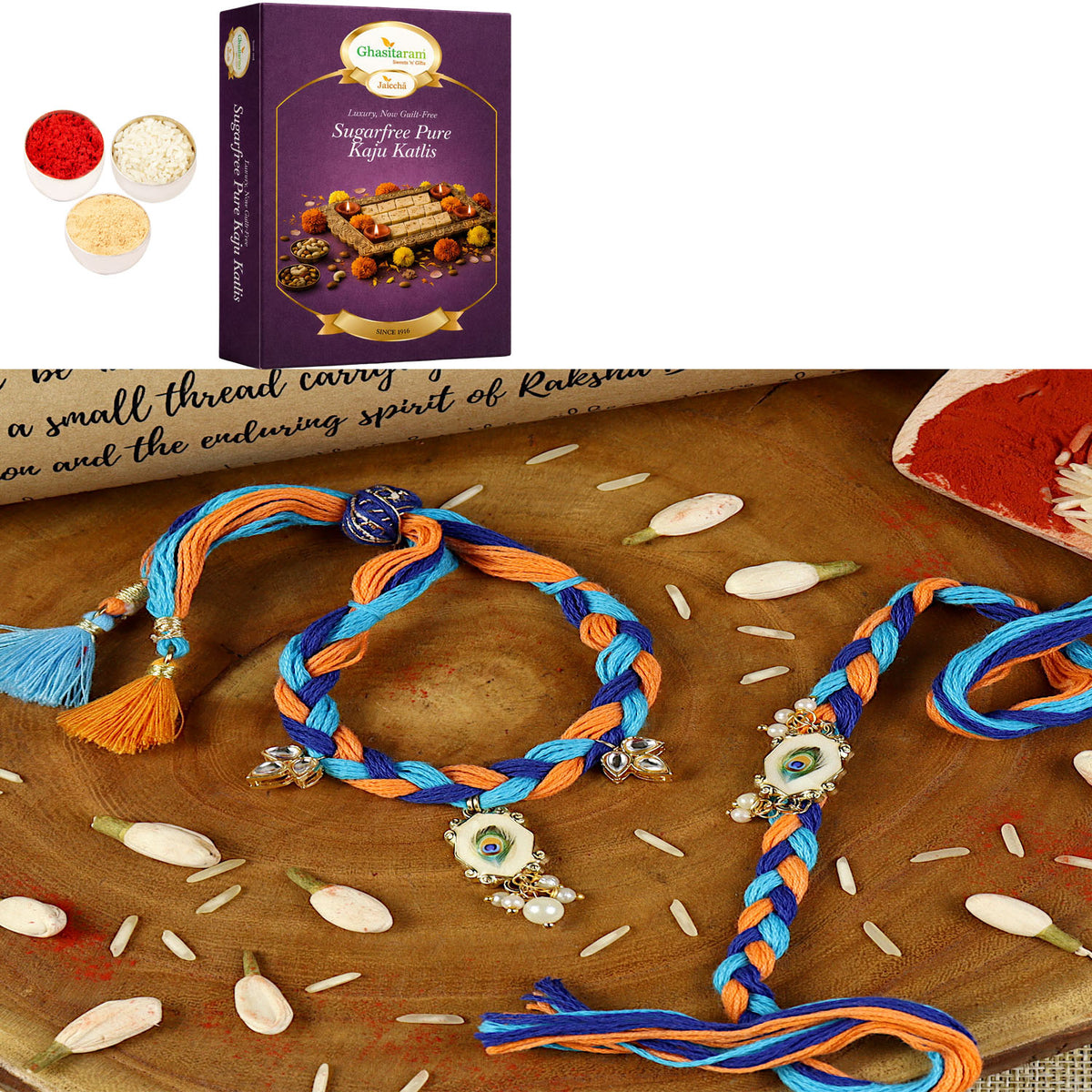 Handwoven peacock feather bracelet Bhaiya Bhabhi rakhi- 032  with 200 gms of Sugarfree Kaju katli