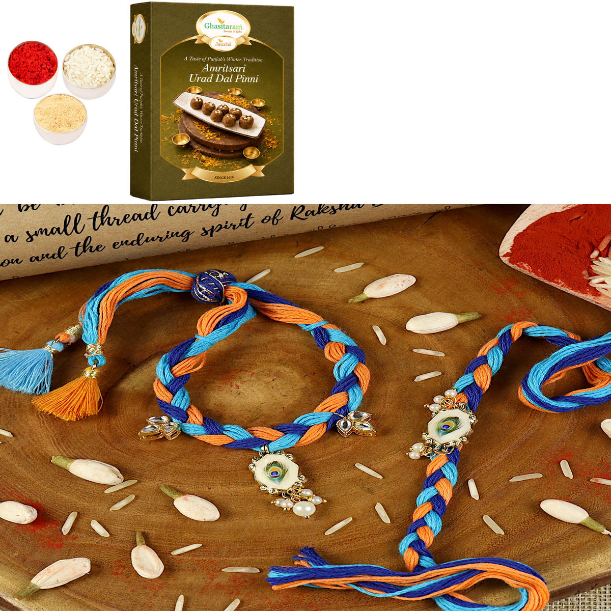 Handwoven peacock feather bracelet Bhaiya Bhabhi rakhi- 032  with 200 gms of Pinni 