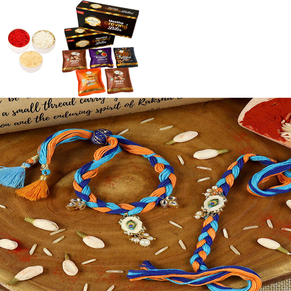Handwoven peacock feather bracelet Bhaiya Bhabhi rakhi- 032  with Asorted bites box