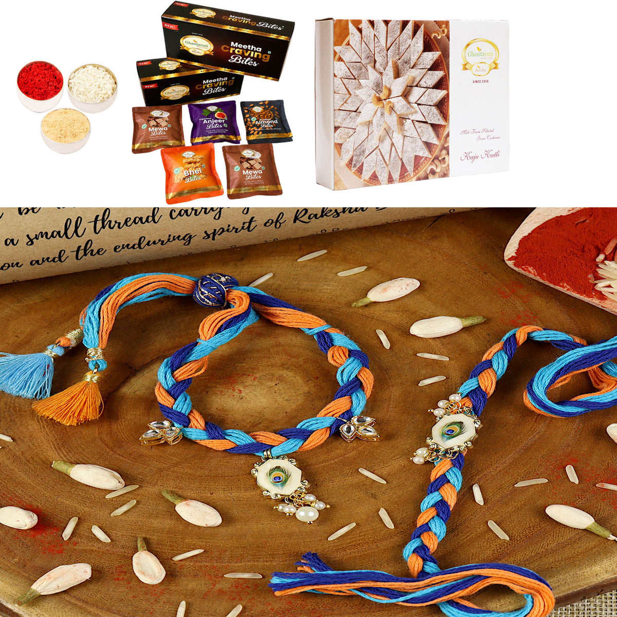 Handwoven peacock feather bracelet Bhaiya Bhabhi rakhi- 032  with Asorted bites box and 200 gms of Kaju katli