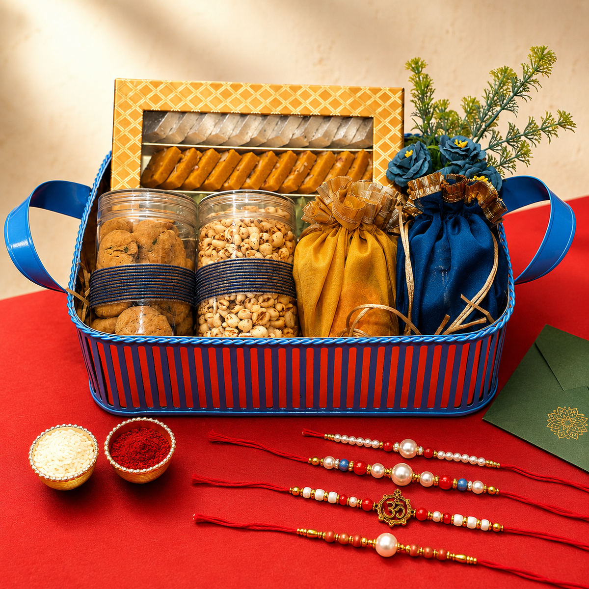 Blue metal Basket Of Assorted Kaju Katlis, Namkeen and Dryfruit With 5 Thread Rakhis