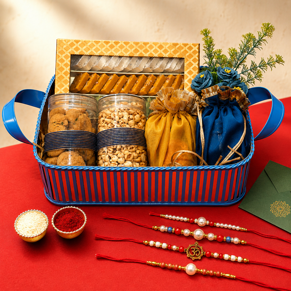 Blue metal Basket Of Assorted Kaju Katlis, Namkeen and Dryfruit With 5 Thread Rakhis