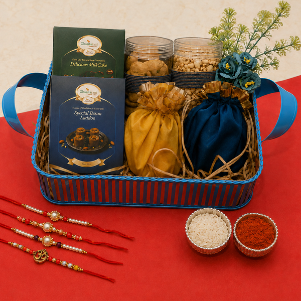 Blue metal Basket Of Sweets, Namkeen and Dryfruit With 5 Thread Rakhis