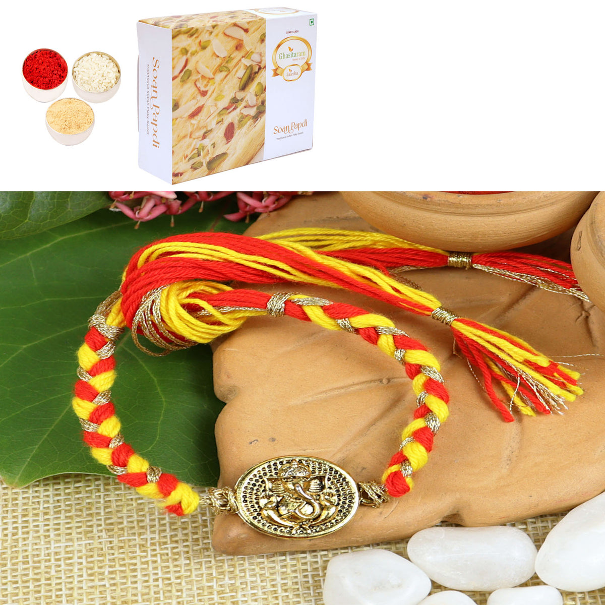 Weaved Ganesha Divine Rakhi-034 with 400 gms of Soan Papdi