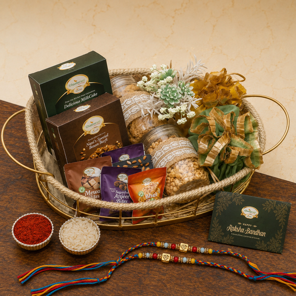 Golden Jute Oval basket of Sweets, Namkeen, Dryfruit and Fudge with 2 Om Premium Rakhis