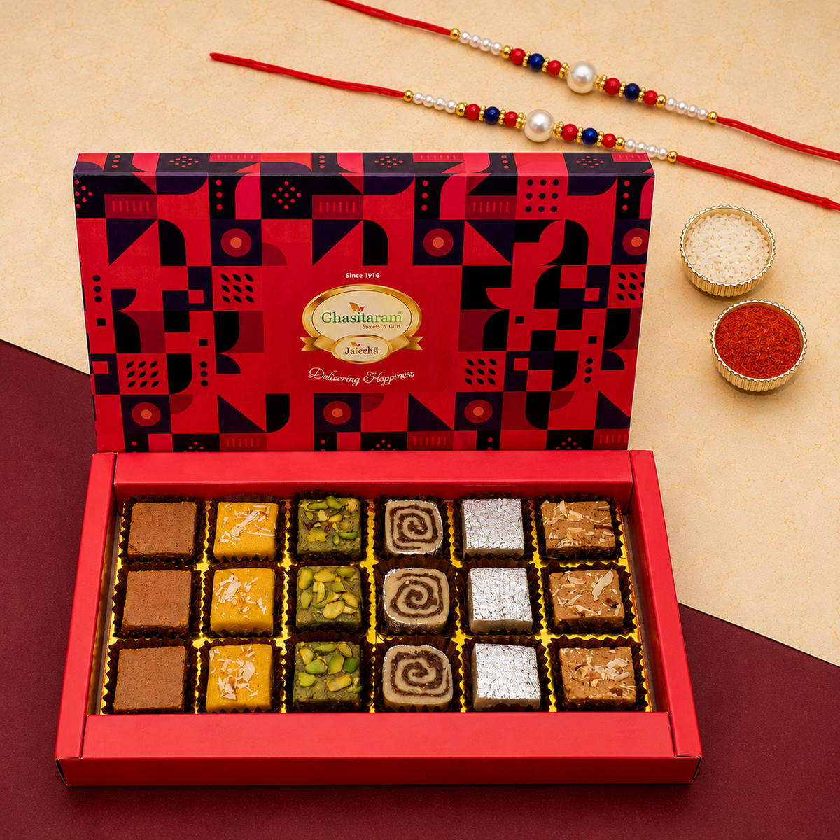 Assorted barfis 18 pcs With 2 Rakhis