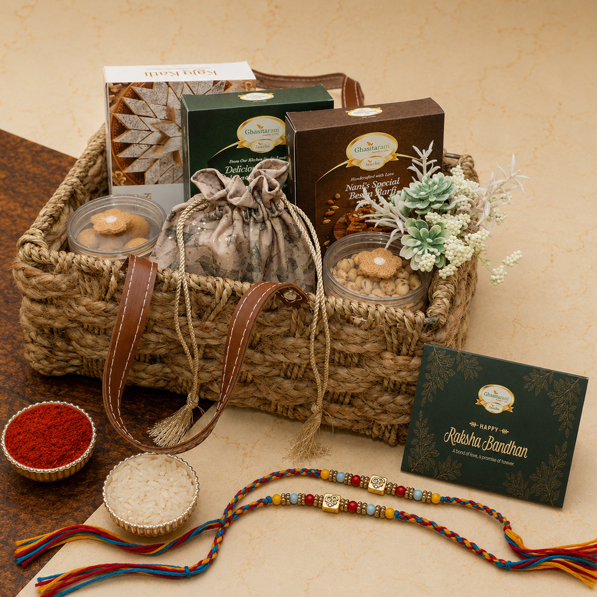 Jute Rope Hamper Basket of Sweets/ Mithai pouches and Namkeen with 2 Premium Om rakhis