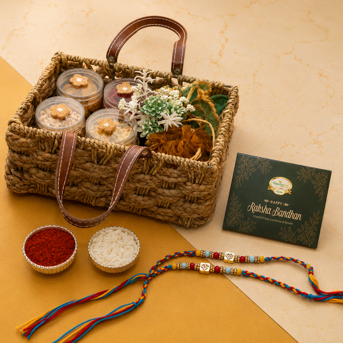 Jute Rope Hamper Basket of Sweets/ Mithai pouches, Namkeen and Dryfruit with 2 Om Premium Rakhis