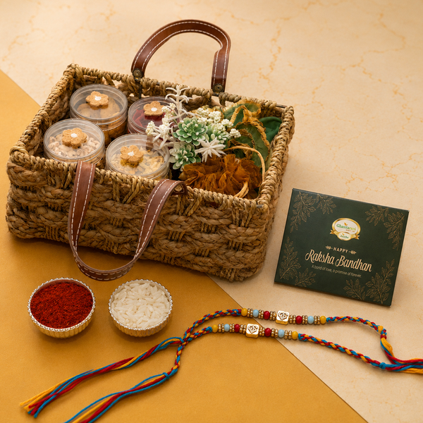 Jute Rope Hamper Basket of Sweets/ Mithai pouches, Namkeen and Dryfruit with 2 Om Premium Rakhis