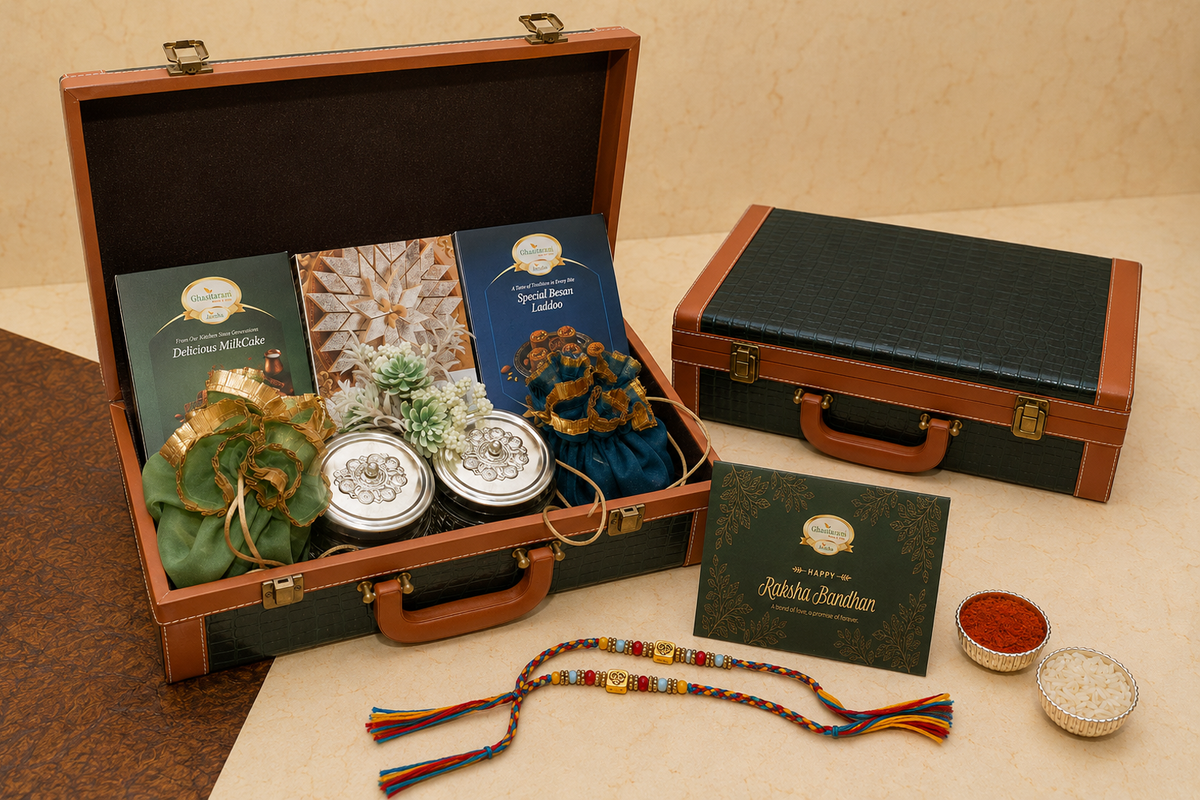 Leather Gift Hamper box of Sweets, Mithai Pouches, Dryfruits and Brittles with 2 Premium Om rakhis
