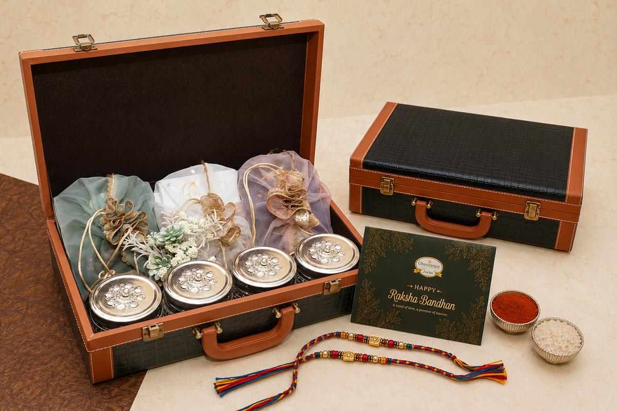 Leather Gift Hamper box of Sweets, Namkeen and Dryfruit with 2 Premium Om rakhis