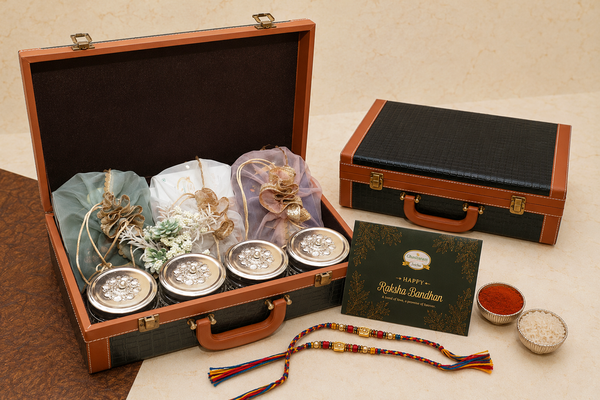 Leather Gift Hamper box of Sweets, Namkeen and Dryfruit with 2 Premium Om rakhis