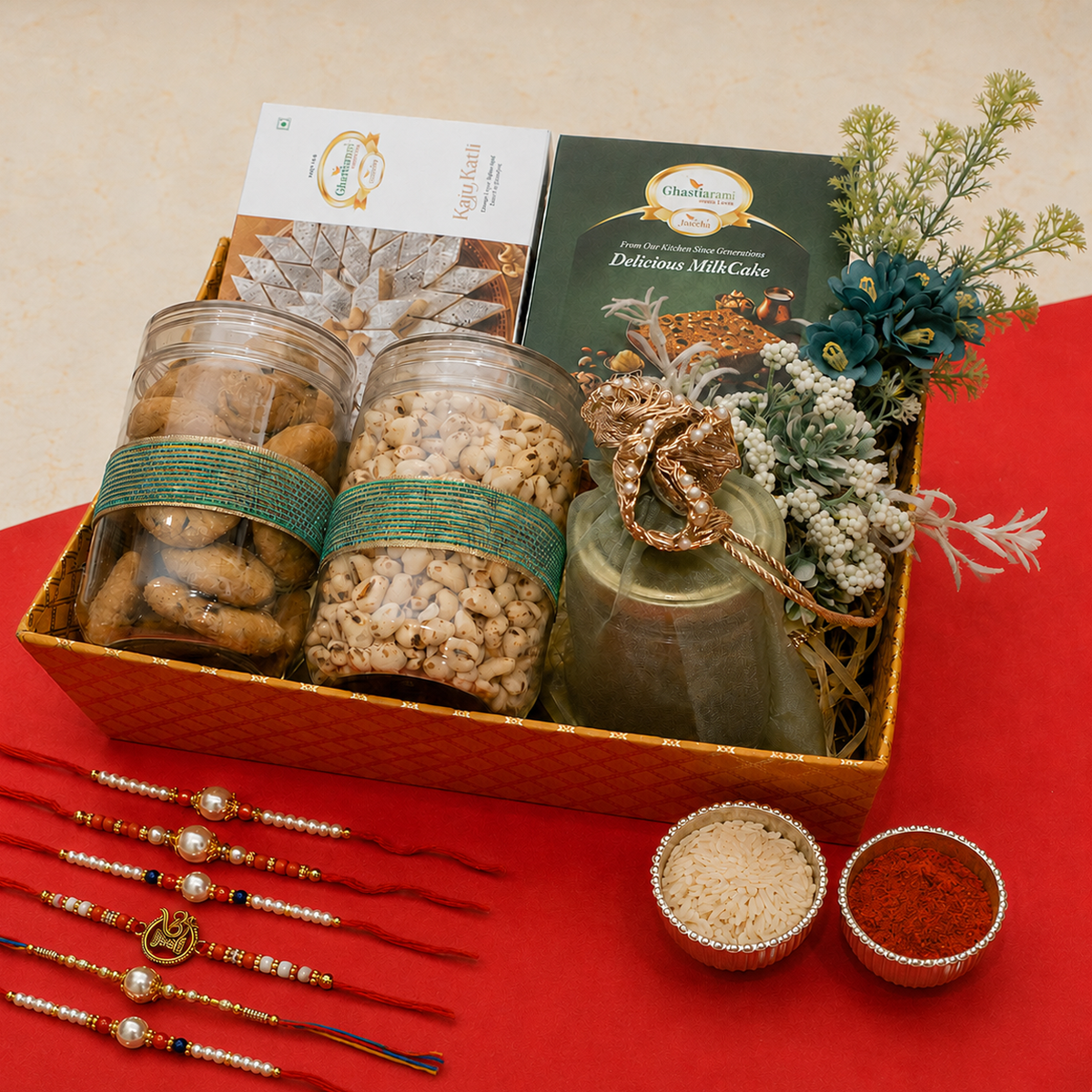 Perfect Basket Hamper of Kaju Katli, Milk cake, Namkeen and Fudge With 5 Thread Rakhis