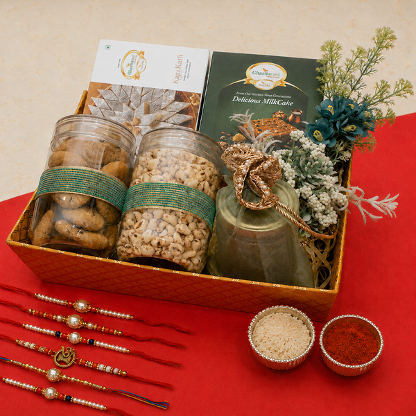 Perfect Basket Hamper of Kaju Katli, Milk cake, Namkeen and Fudge With 5 Thread Rakhis
