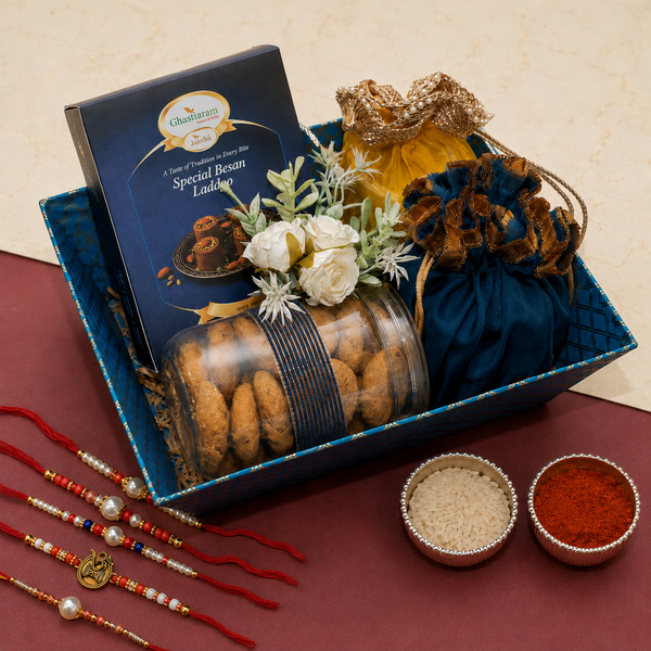 Perfect Basket Hamper of Besan Laddoo, Mithai/ Sweet Pouches Namkeen and Dryfruit With 5 Thread Rakhis