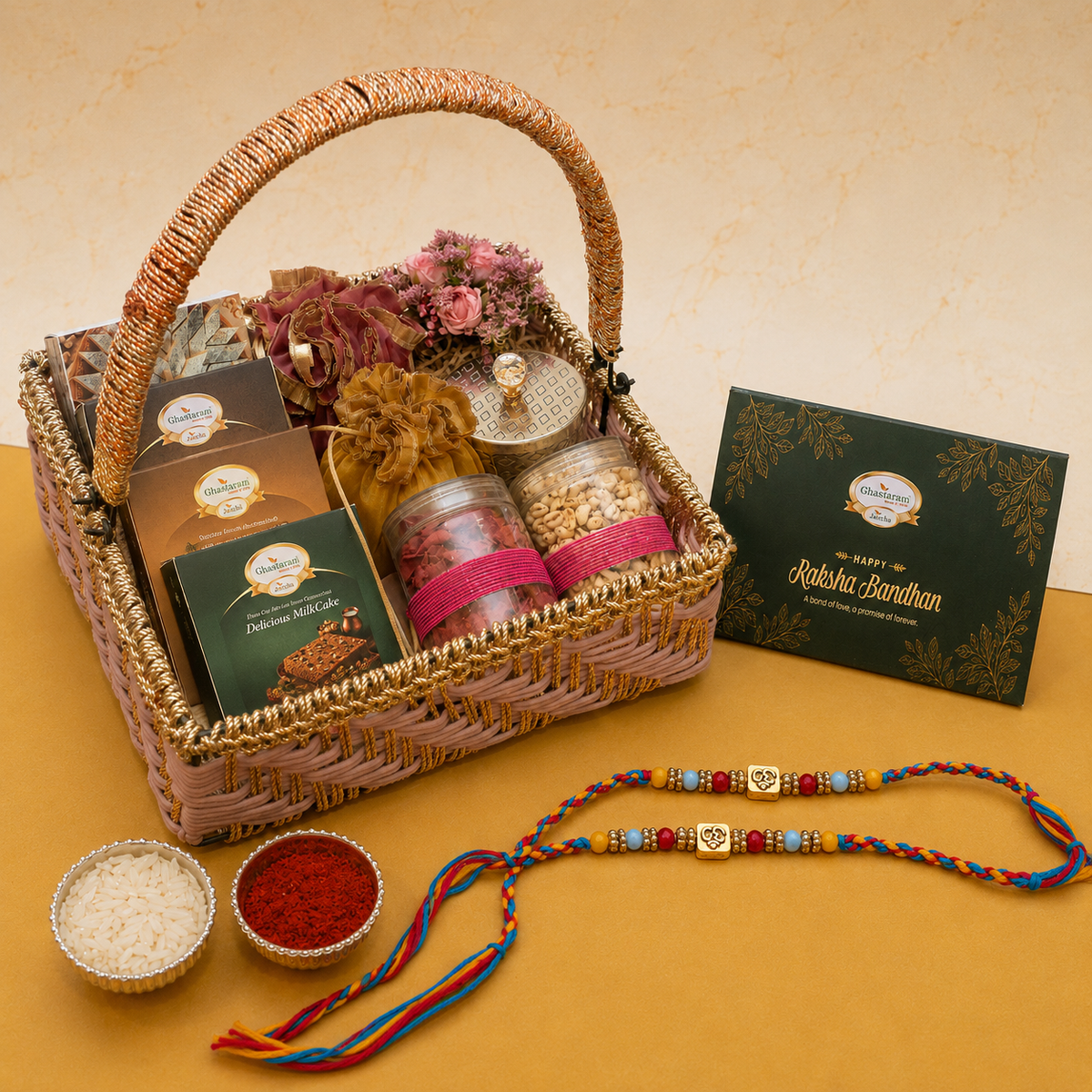 Pink Rope Basket of 16 goodies of Sweets, Sugarfree Sweets/ Namkeen and Dryfruit with 2 Om Premium Rakhis