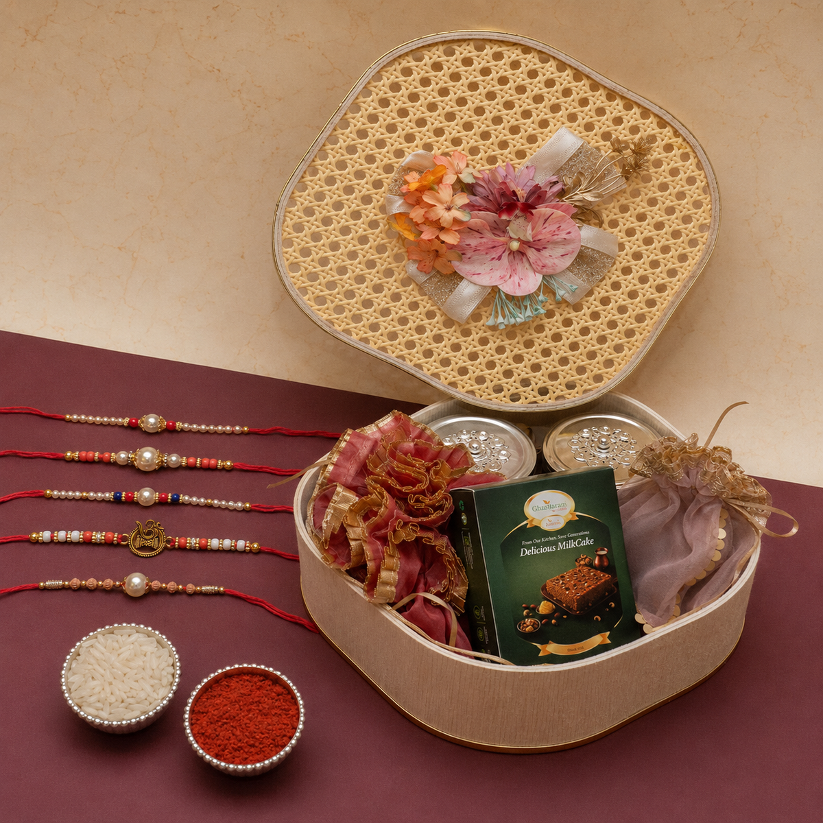 Rattan box of Milk Cake/Namkeen and Dryfruit With 5 Thread Rakhis