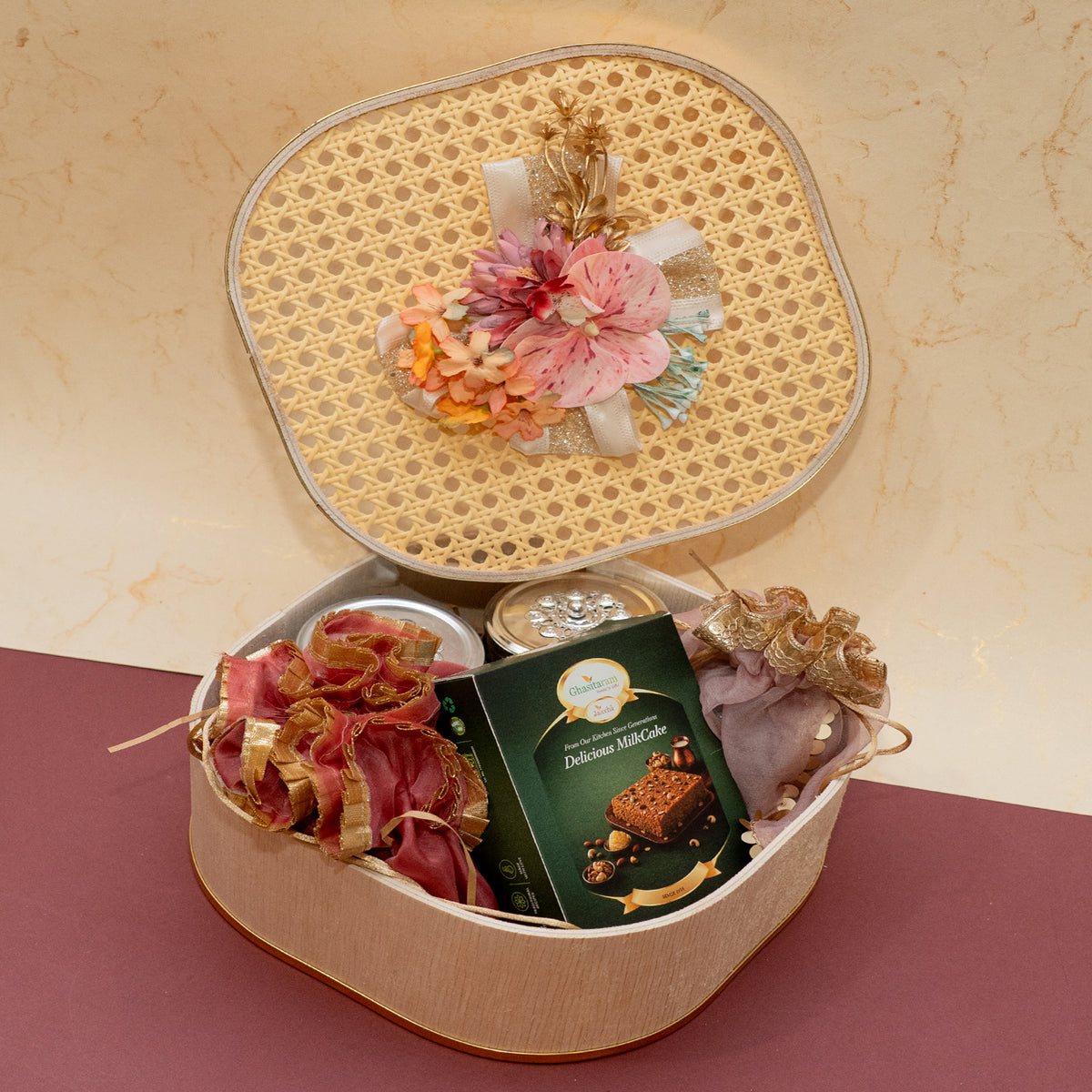 Rattan box of Milk Cake/Namkeen and Dryfruit