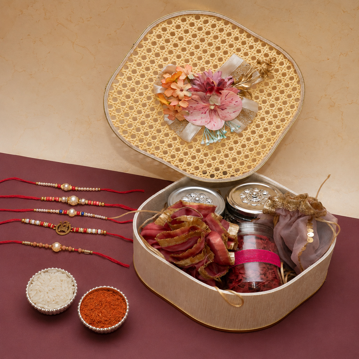 Rattan box of Mithai/Sweet Pouches/Namkeen and Dryfruit With 5 Thread Rakhis