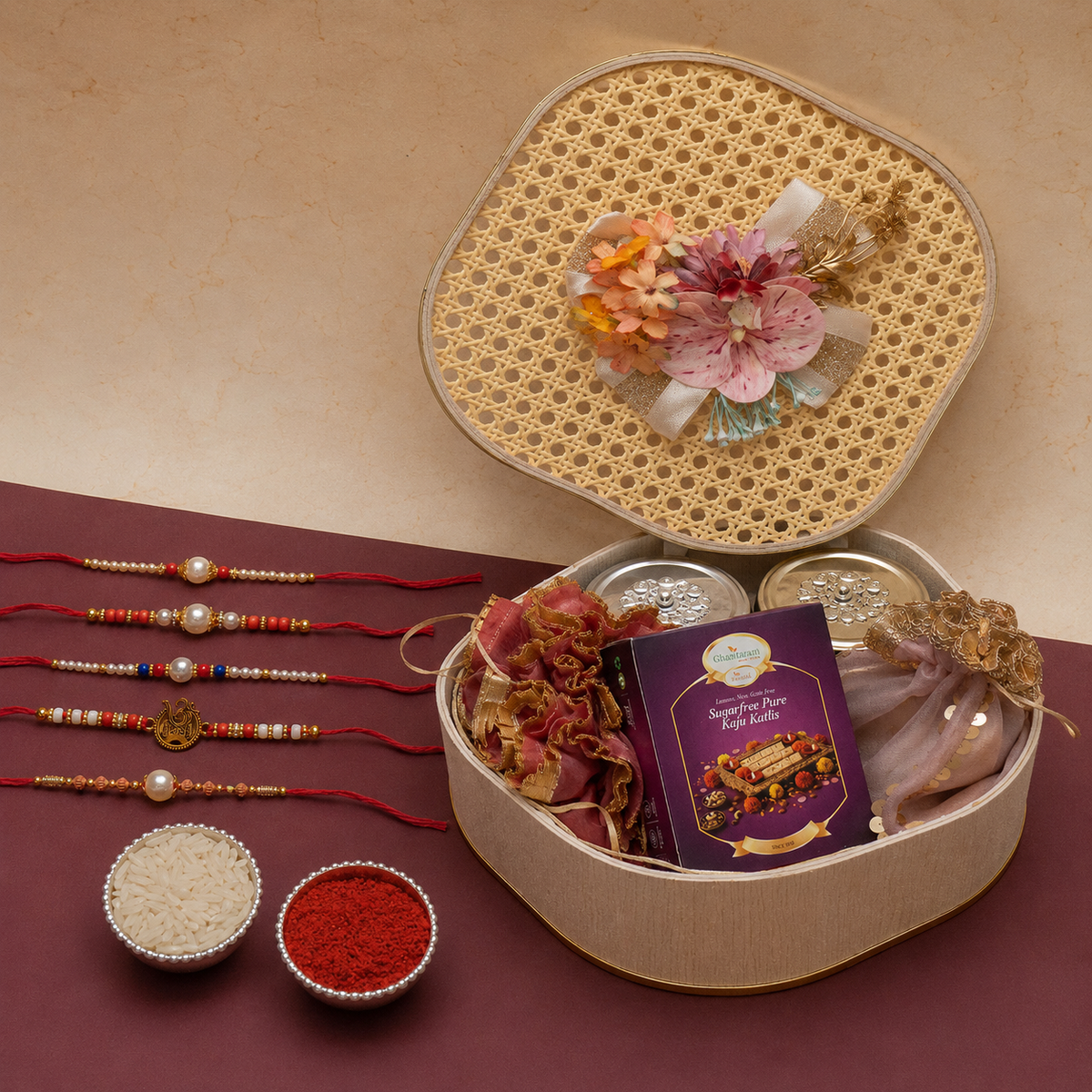 Rattan box of Sugarfree Kaju Katlis/Namkeen and Dryfruit With 5 Thread Rakhis