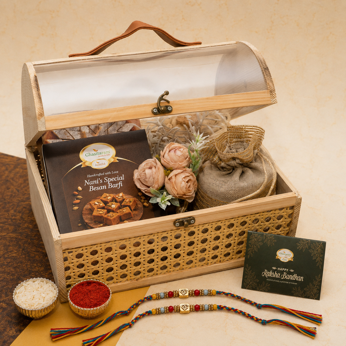 Rattan Trunk Box of Kaju Katli, Besan Barfi, Namkeen and Dryfruit with 2 Om Premium Rakhis