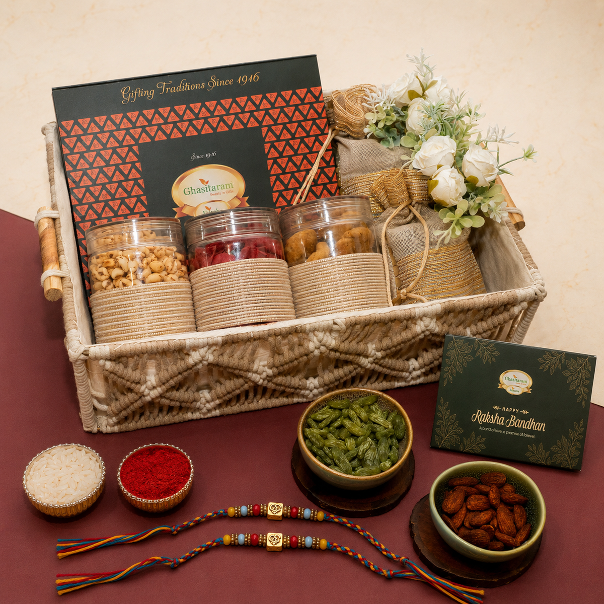 Macrame Basket of Assorted Sweets/ Nmakeen and Dryfruit with 2 Om Premium Rakhis