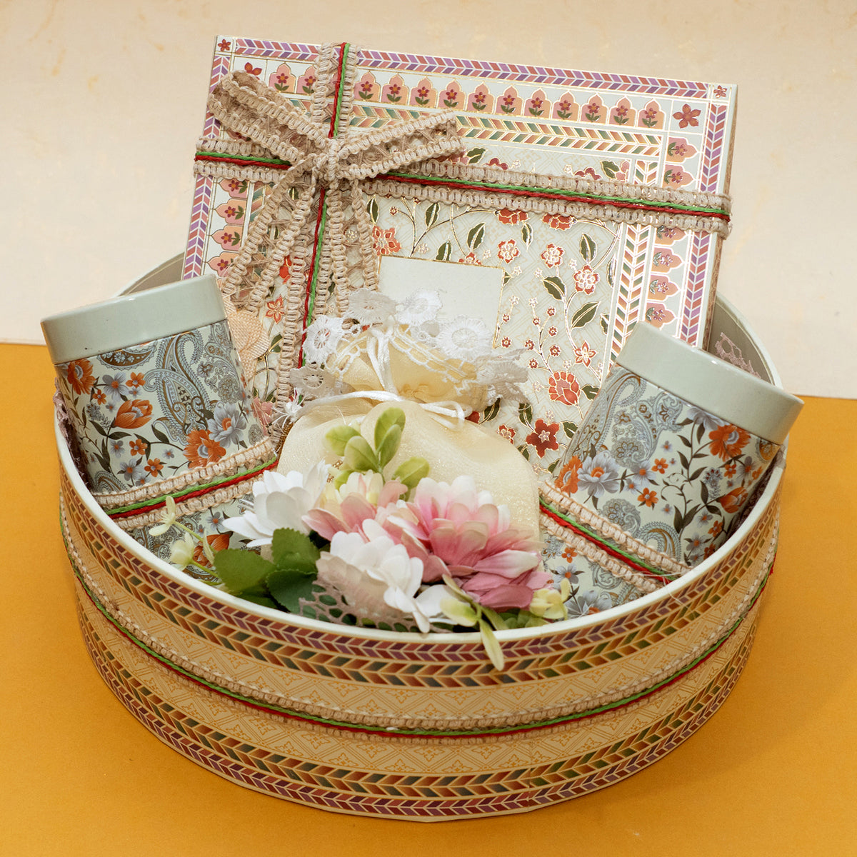 Printed Round Hamper Basket Of Sweets, Namkeen and Dryfruit