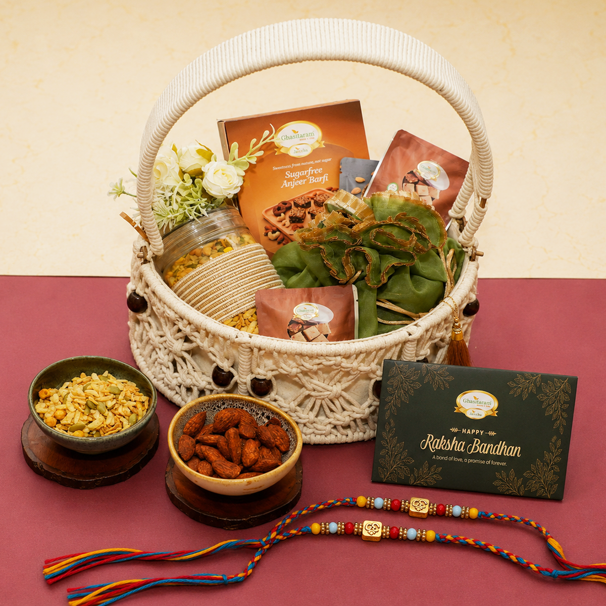 Round Macrame Basket of Sugarfree Sweets, Namkeens, Mithai/Sweet pouches and Dryfruit with 2 Premium Om rakhis