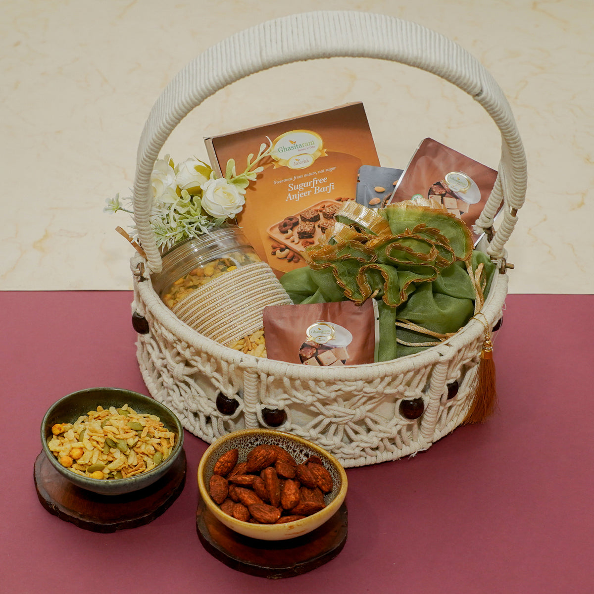 Diwali Gfits-Round Macrame Basket of Sugarfree Sweets, Namkeens, Mithai/Sweet pouches and Dryfruit