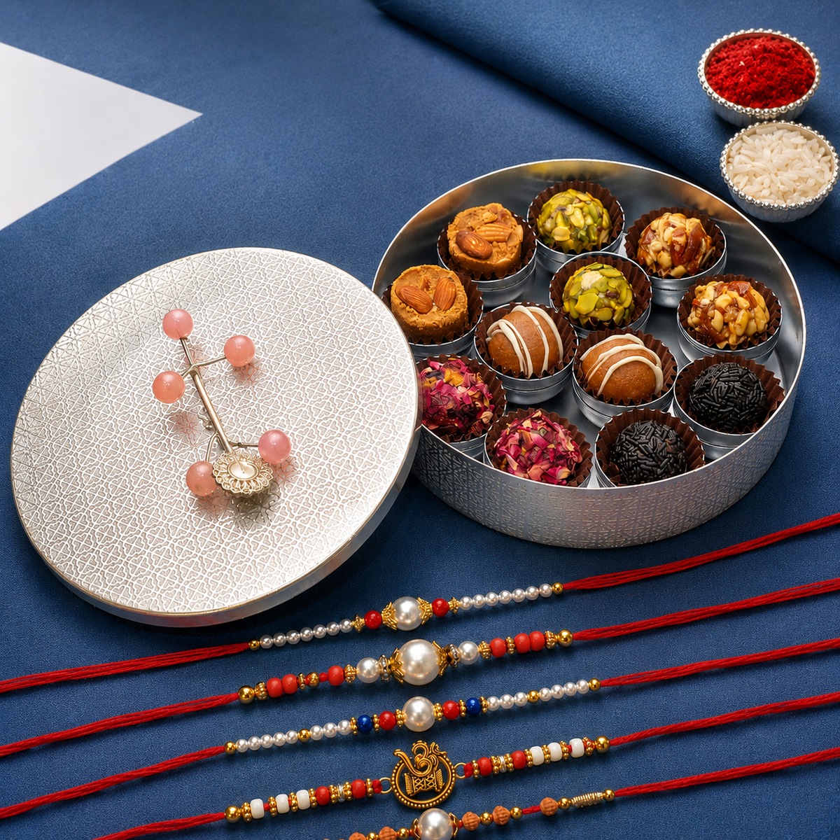 Silver Round Box of 12 sweets With 5 Thread Rakhis