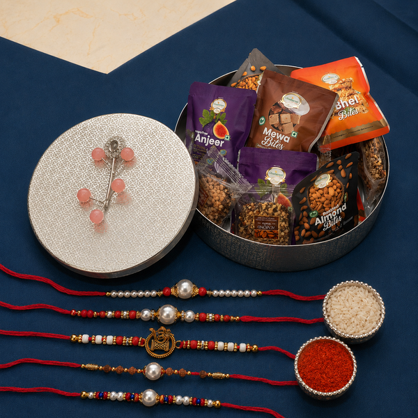 Silver Round Box of Mithai/ Sweeet Pouches and Brittles With 5 Thread Rakhis