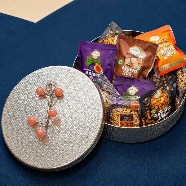 Diwali Sweets-Silver Round Box of Mithai/ Sweeet Pouches and Brittles