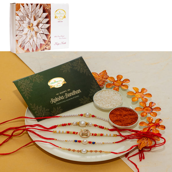 White pooj thali with 5 rakhis with 400 gms of Kaju katli