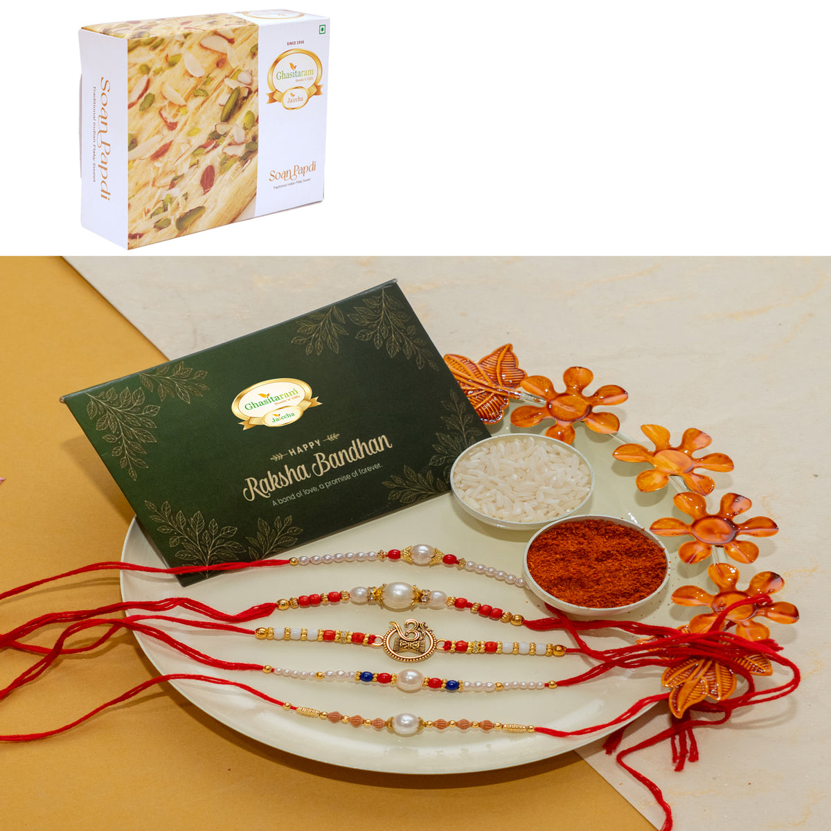 White pooj thali with 5 rakhis with 400 gms of Soan Papdi