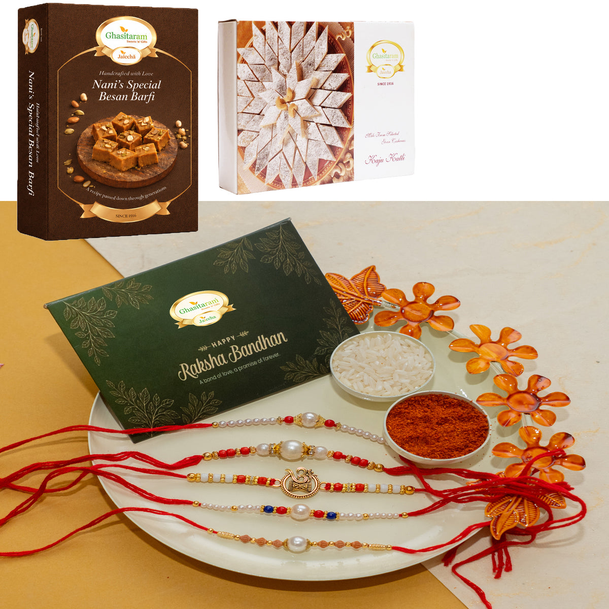 White pooj thali with 5 rakhis with 200 gms of Besan Barfi and 200 gms of Kaju Katli