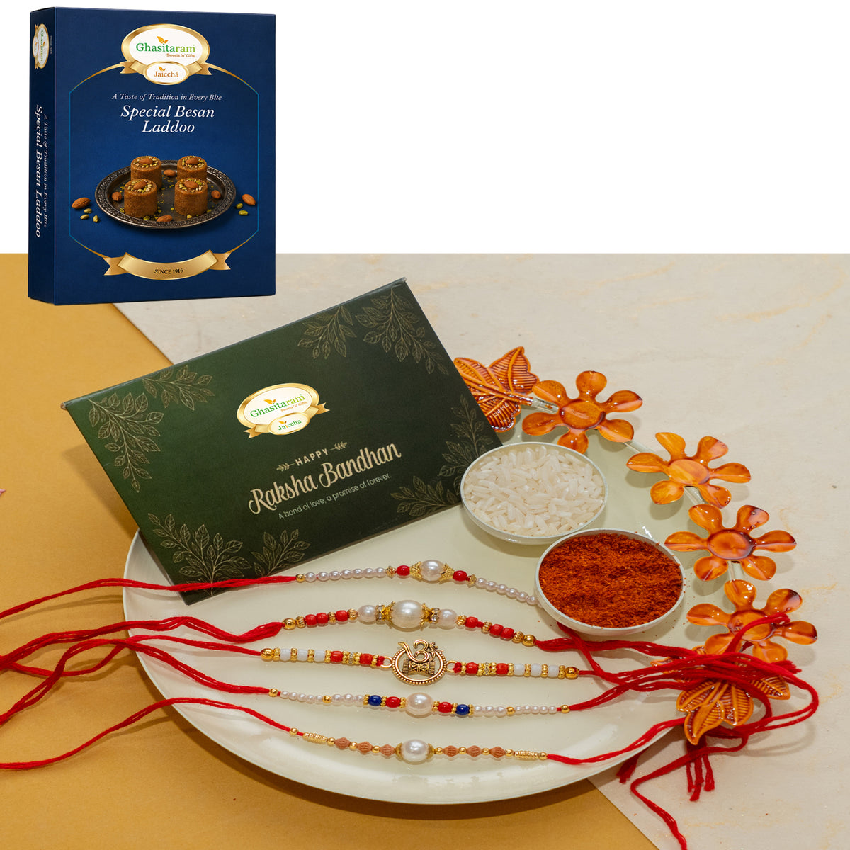 White pooj thali with 5 rakhis with 200 gms of Besan Laddoo