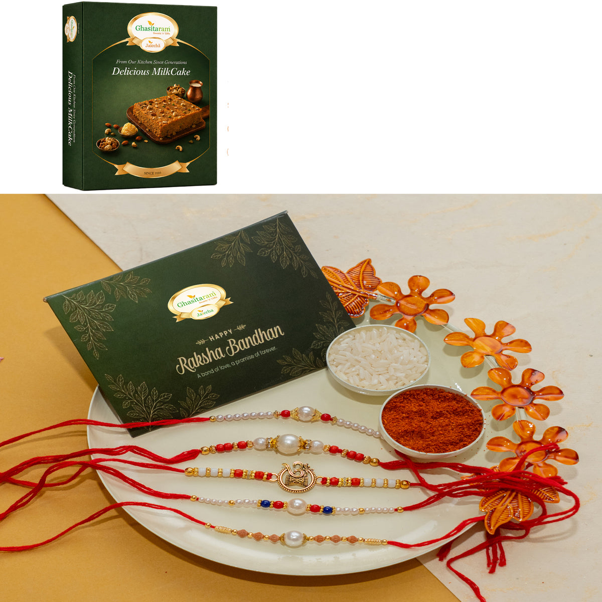 White pooj thali with 5 rakhis with 200 gms of Milk Cake