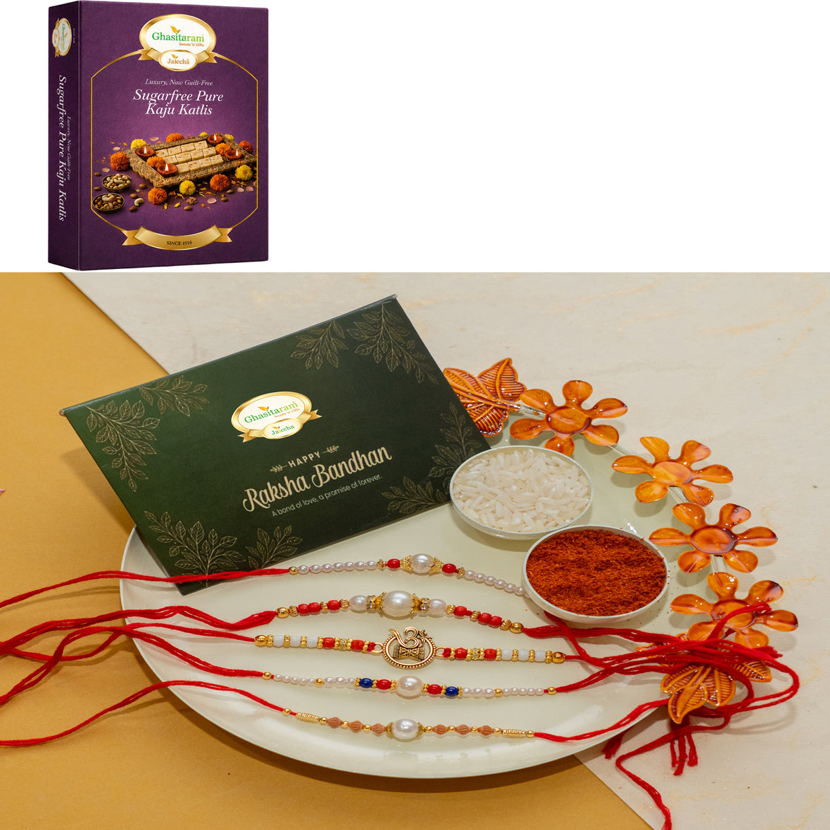 White pooj thali with 5 rakhis with 200 gms of Sugarfree Kaju katli