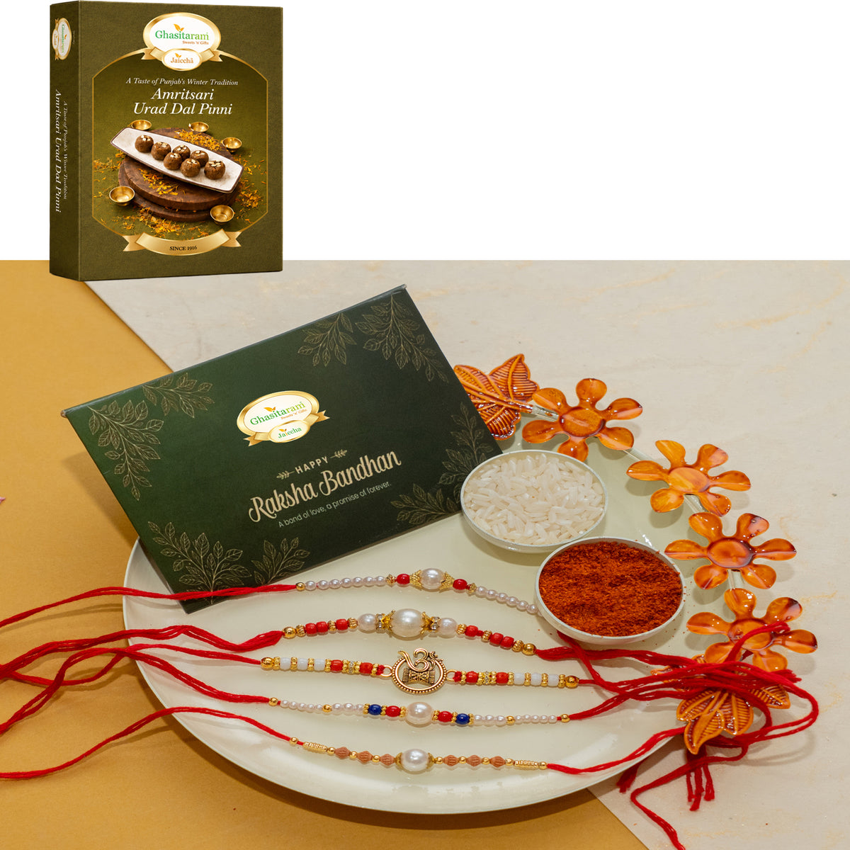 White pooj thali with 5 rakhis with 200 gms of Pinni 