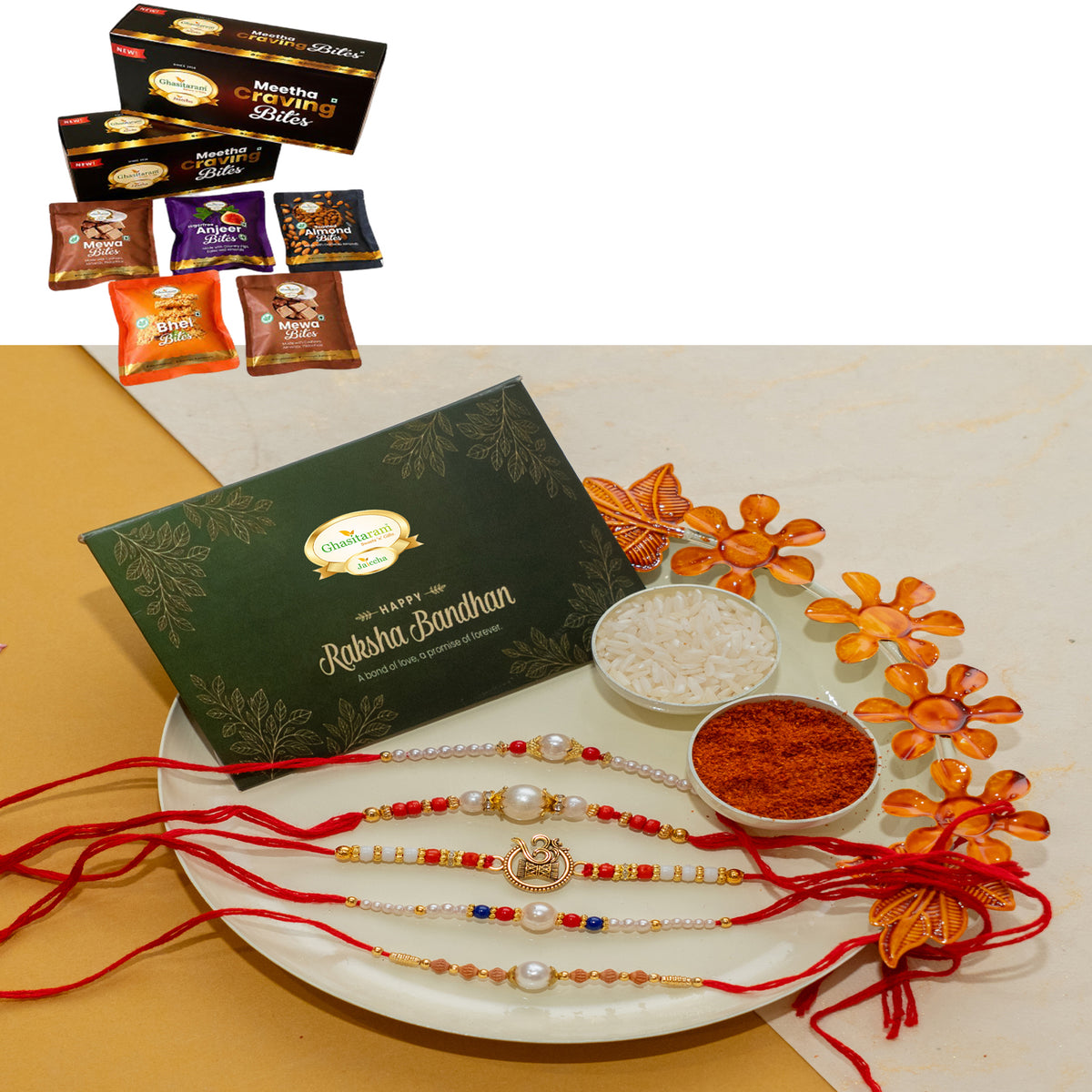 White pooj thali with 5 rakhis with Asorted bites box
