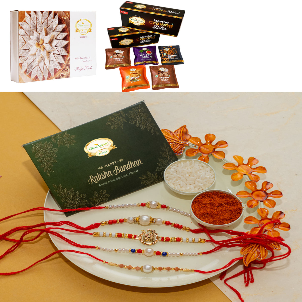 White pooj thali with 5 rakhis with Asorted bites box and 200 gms of Kaju katli