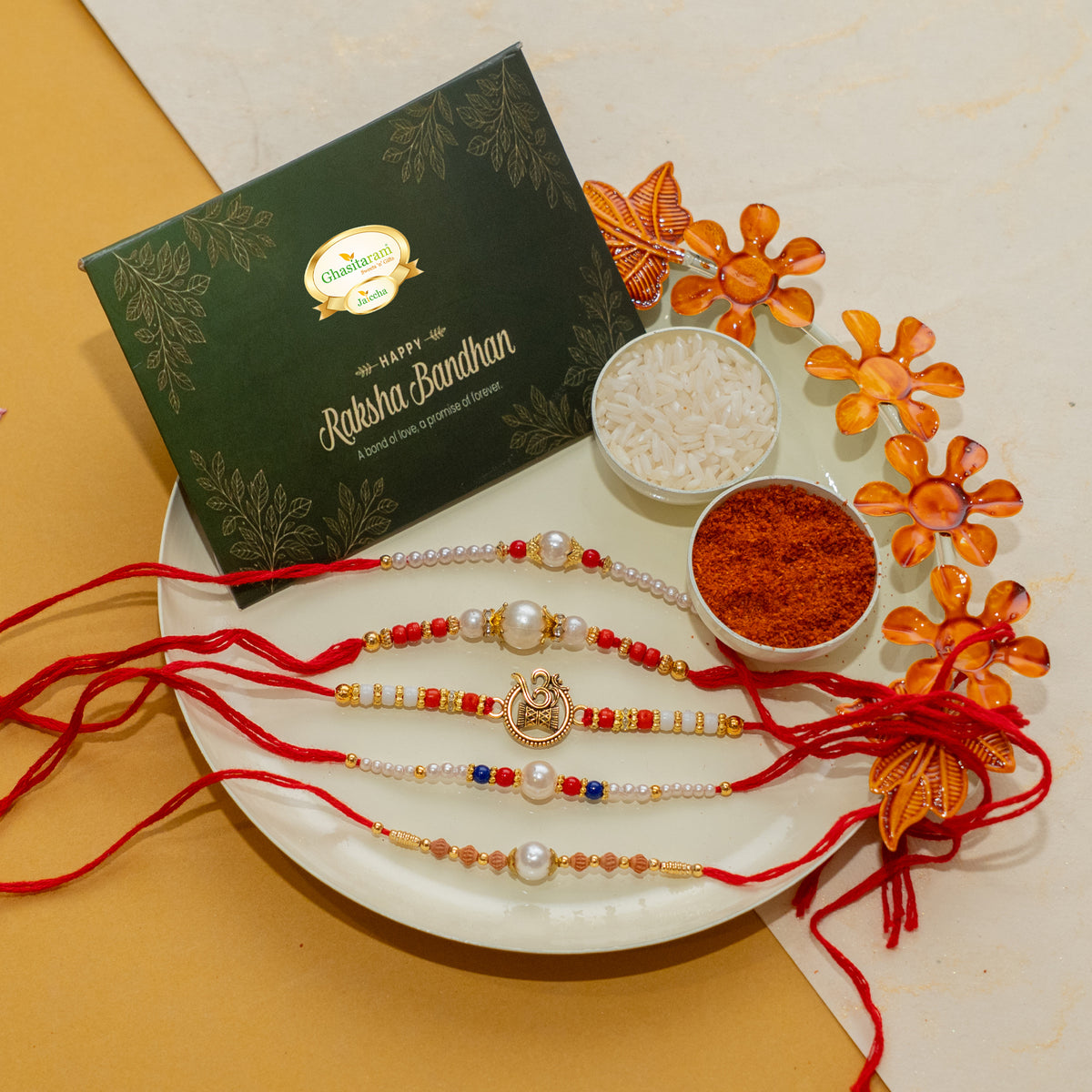 White pooj thali with 5 rakhis