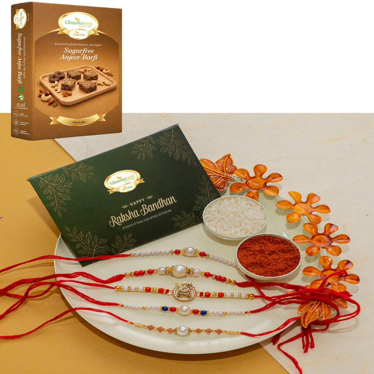 White pooj thali with 5 rakhis with 200 gms of Sugarfree Anjeer Barfi