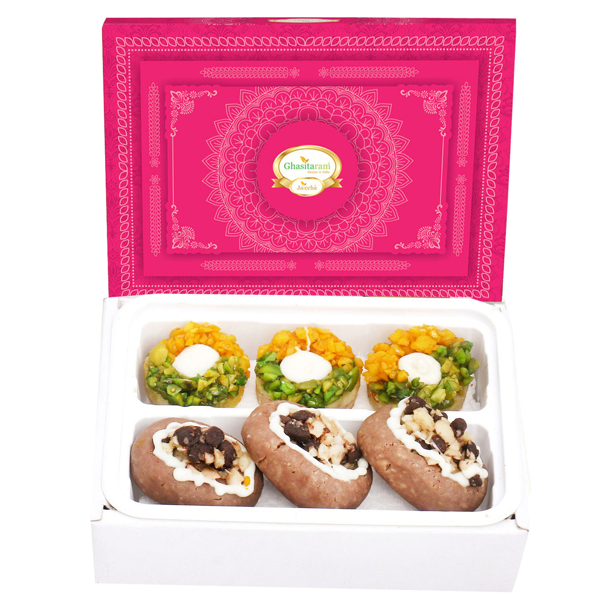 Bhaidhooj Gifts-Sweets Assorted Box of Anjeer Basket, Kesar Pista Delight, Choco Boat and Almond Basket  200 gms