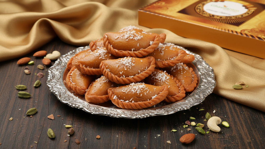 Holi Sweets| Holi Hampers| Holi Gifts-Ghasitaram's Sugarfree Mawa Kesar Gujiya 200 gms