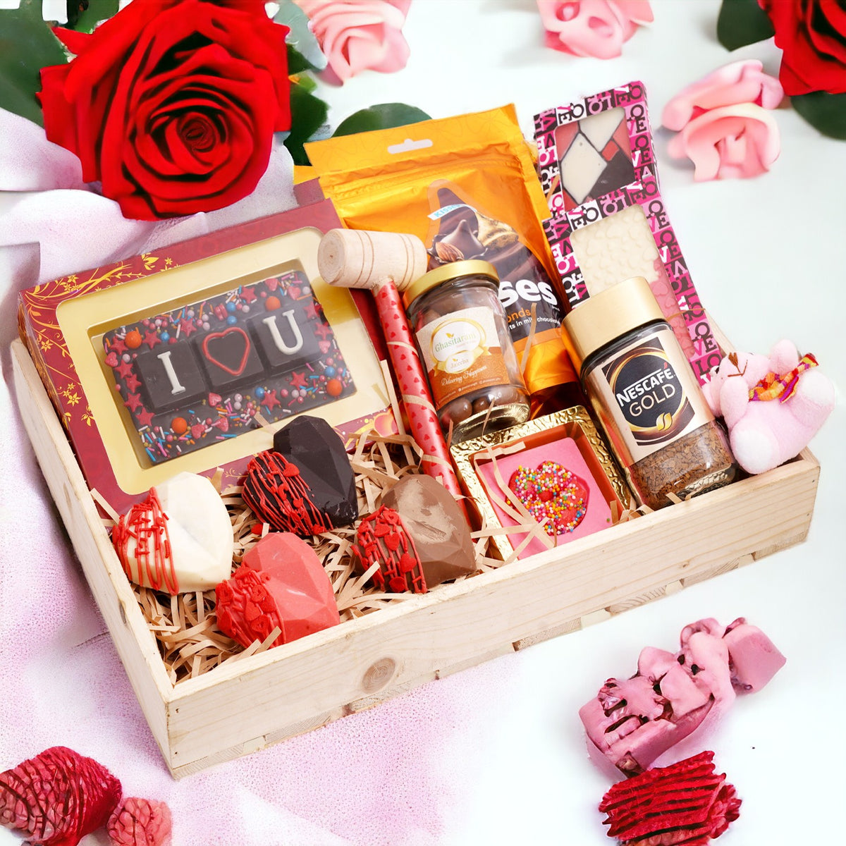 Valentines Light Wooden Basket with Drinking Chocolate Hearts